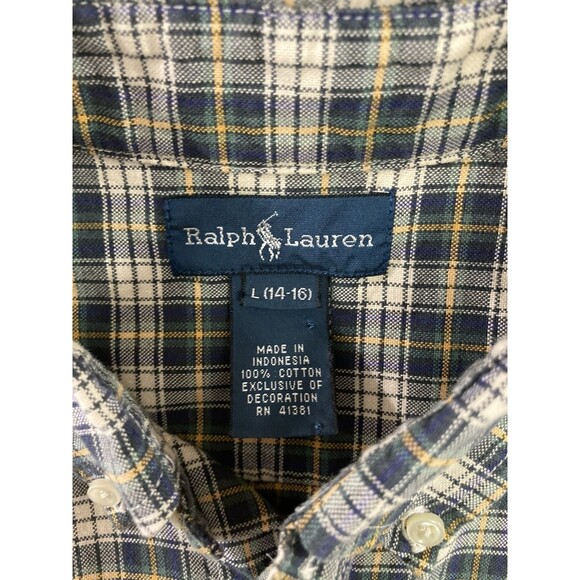 Ralph Lauren Boys L Green Blue Plaid Button Down Oxford Long Sleeve Preppy - Picture 2 of 6